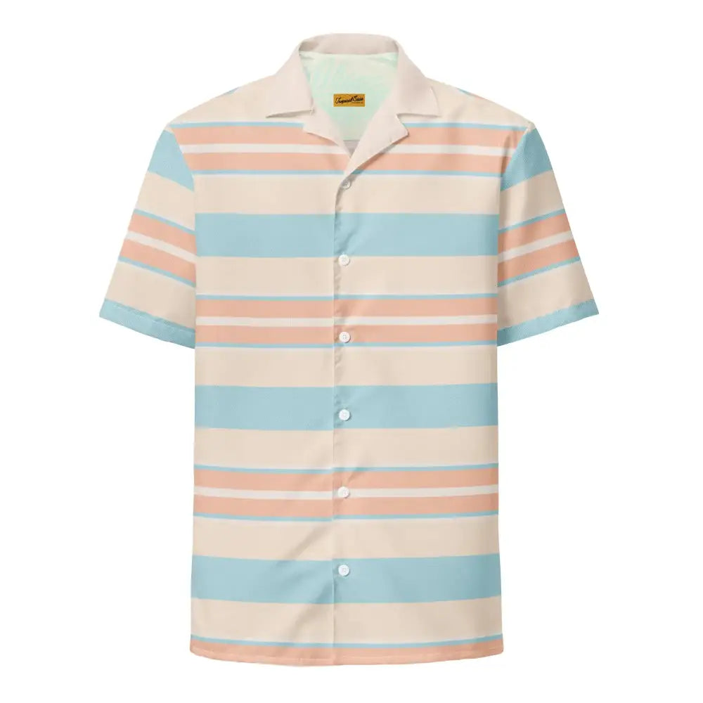 A short-sleeved button-up shirt with horizontal stripes in soft pastel blue and peach on a cream background.