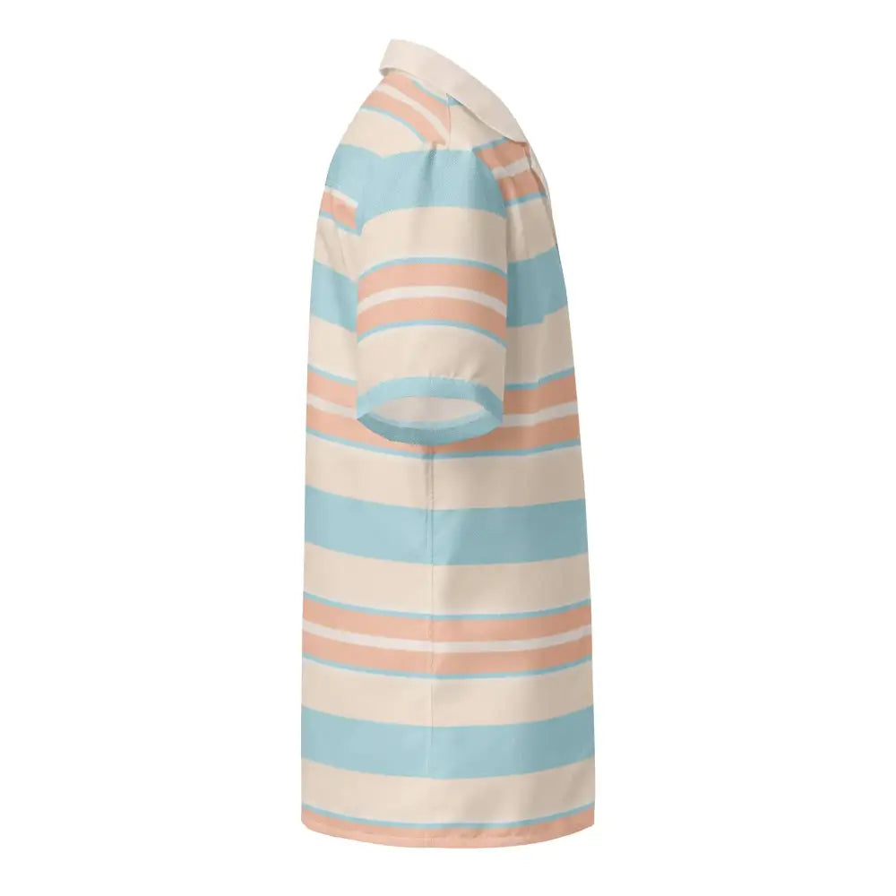 A short-sleeved polo shirt with horizontal stripes in soft blue, peach, and cream colors.