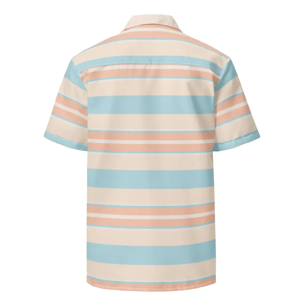A short-sleeved button-up shirt with horizontal stripes in soft pastel blue, peach, and cream.