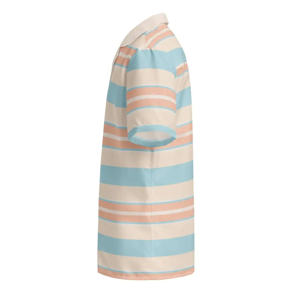 A short-sleeved polo shirt with horizontal stripes in soft blue, peach, and cream colors.