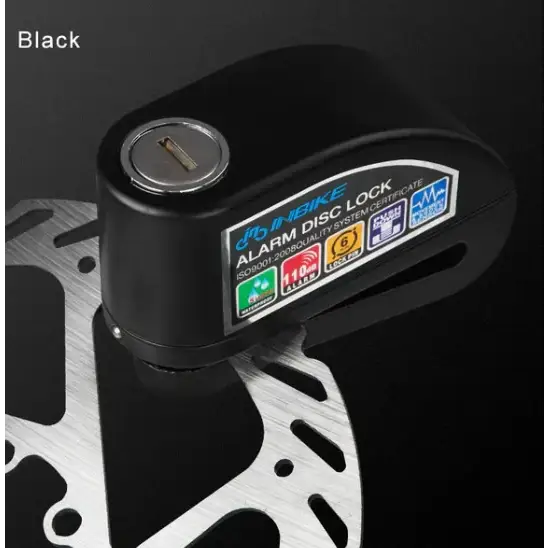 Black jihebike alarm disc lock with a keyhole and certification labels on its side.