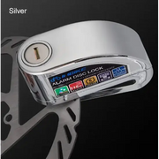 Silver alarm disc lock with a sleek, metallic finish and labeled features including ’110kg’ weight capacity.