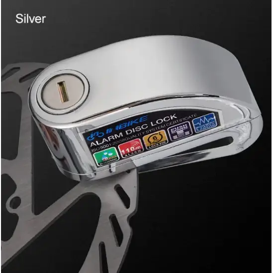 Silver alarm disc lock with a sleek, metallic finish and labeled features including ’110kg’ weight capacity.