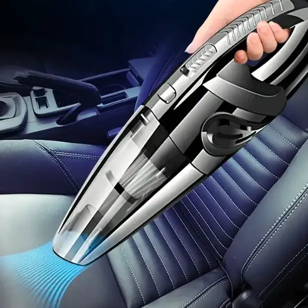 Black and silver handheld car vacuum with a transparent dust collection chamber.