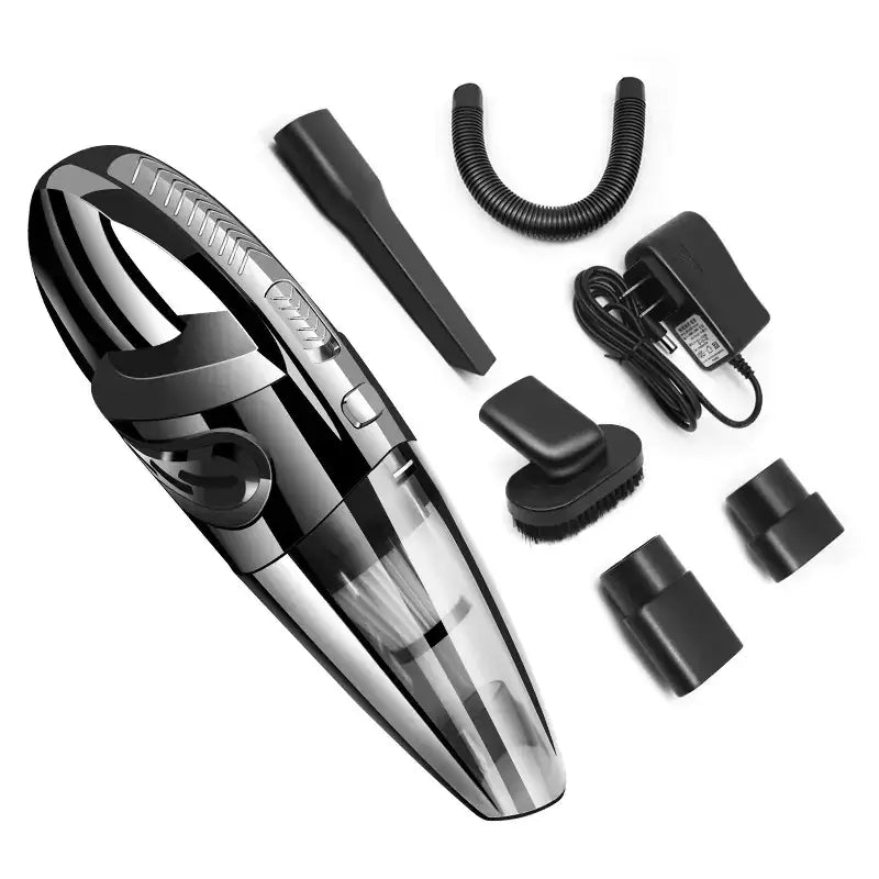 Black and silver handheld car vacuum cleaner with a sleek, ergonomic design.