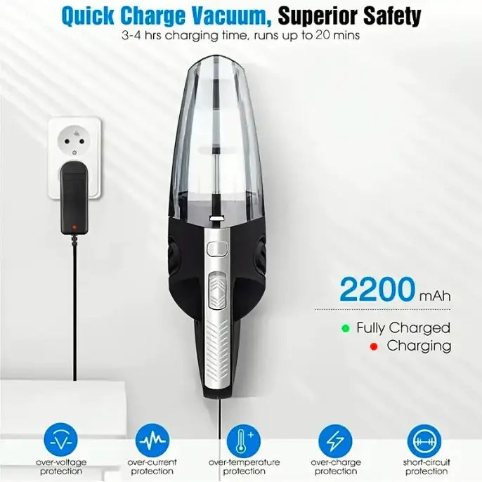 Black and transparent handheld vacuum cleaner with a silver accent on the handle, featuring quick charge capabilities.