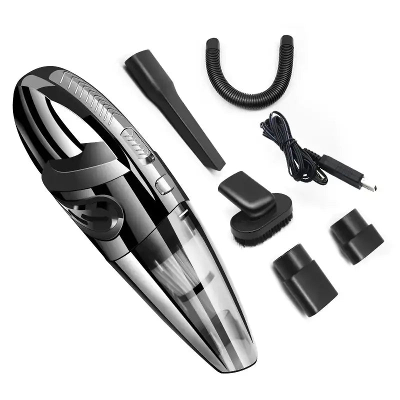 Black and silver handheld car vacuum cleaner with a transparent dust collection chamber.