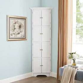 White corner cabinet with six doors and silver knobs.