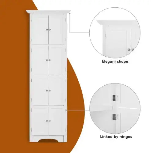 White, tall, narrow cabinet with four sections and silver knobs.