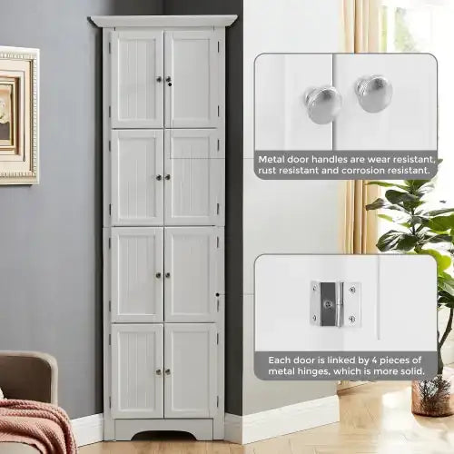 White wooden corner cabinet with six doors, each featuring a round metal handle and reinforced by four metal hinges.