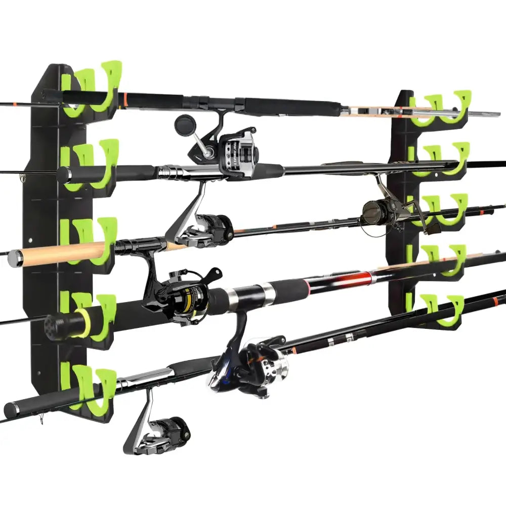 Black and neon green fishing rod rack holding multiple rods with reels.