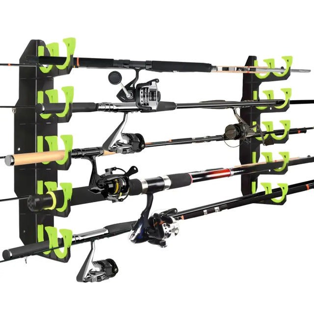 Black and neon green fishing rod rack holding multiple rods with reels.
