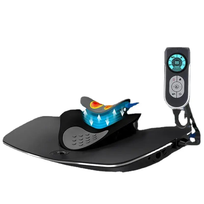 Black ergonomic neck and shoulder massage chair with a digital control panel displaying temperature settings.