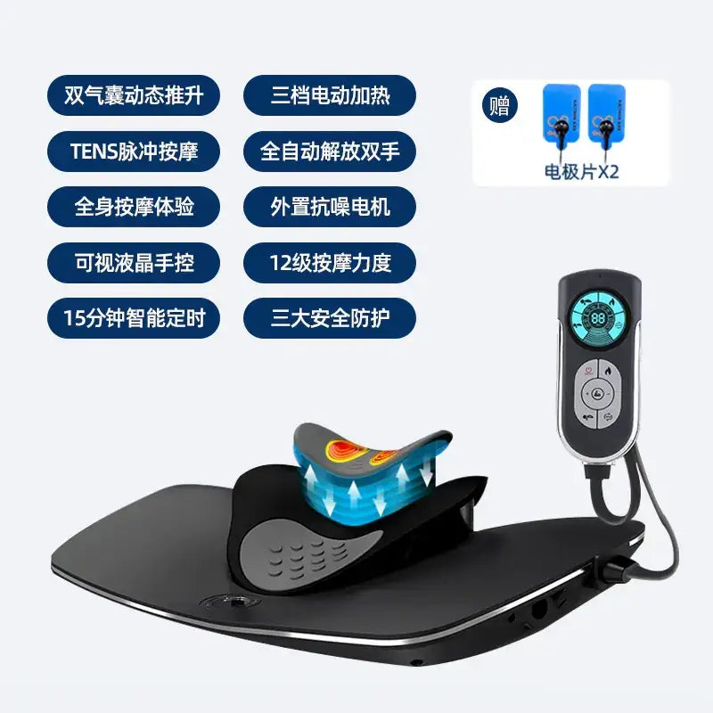 Black ergonomic neck massager with a digital control unit and two included electrode pads.