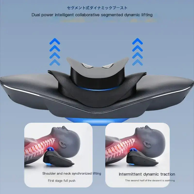 Black and silver segmented dynamic neck lift device with blue led lighting.
