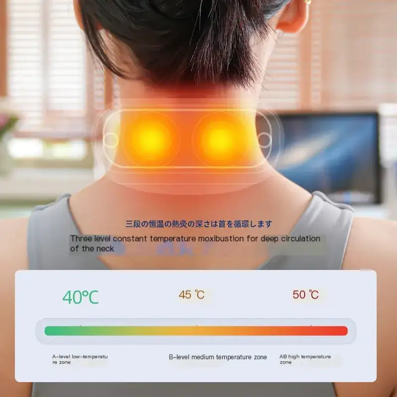 A sleek, translucent orange neck massager with two glowing heating pads designed for therapeutic warmth.