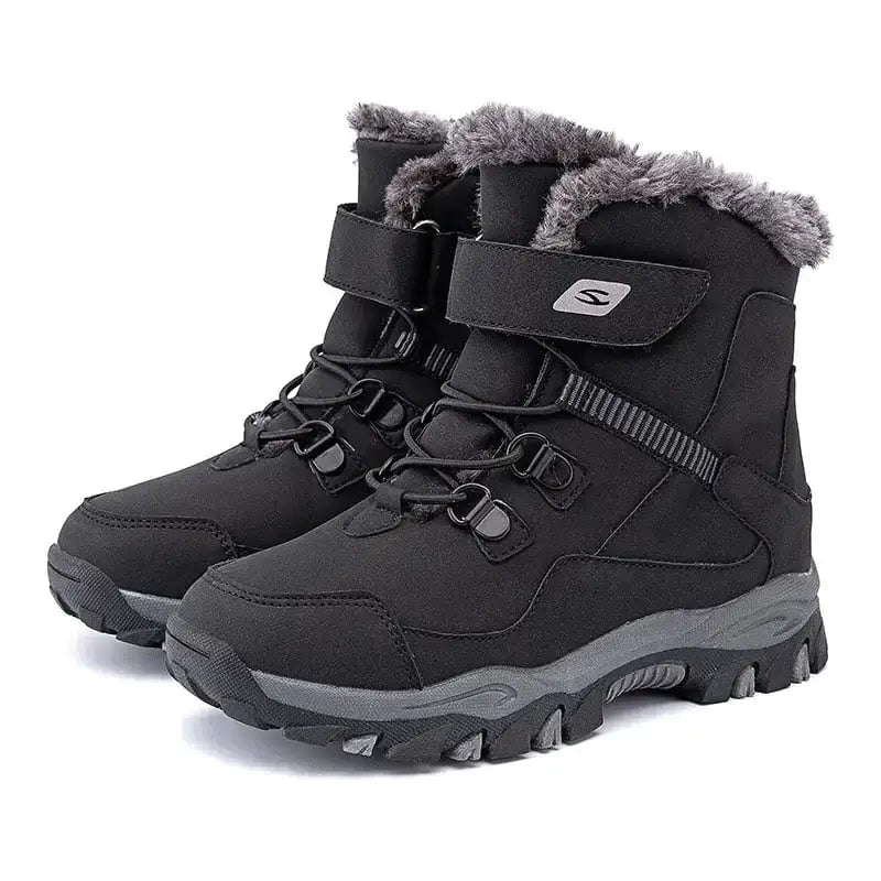 Black winter boots with gray faux fur lining and a rugged, textured sole.