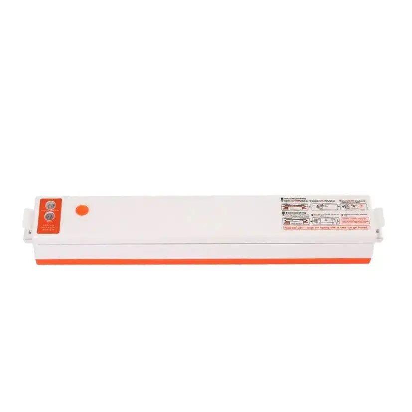 White and orange vacuum sealer with a sleek, rectangular design.
