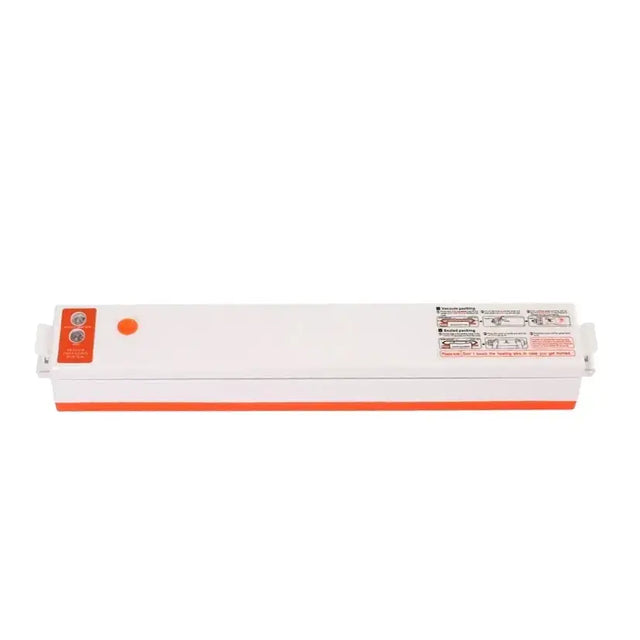 White and orange vacuum sealer with a sleek, rectangular design.