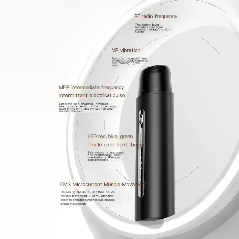 Black cylindrical skincare device with a sleek, modern design featuring multiple therapeutic functions including rf radio frequency and led triple color light therapy.