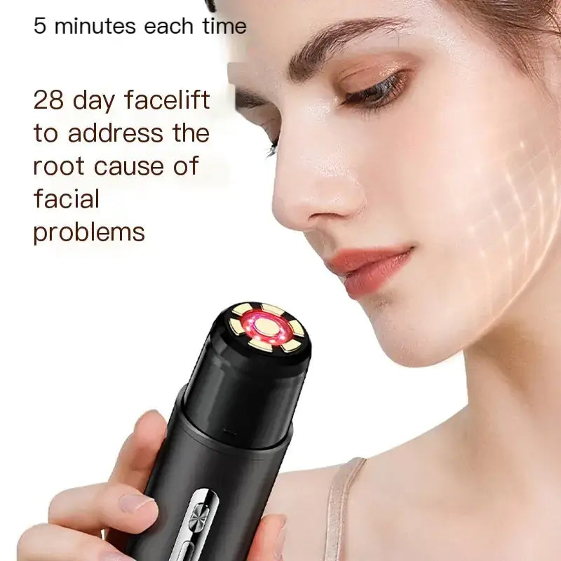 Black handheld facial device with a red and gold circular treatment head