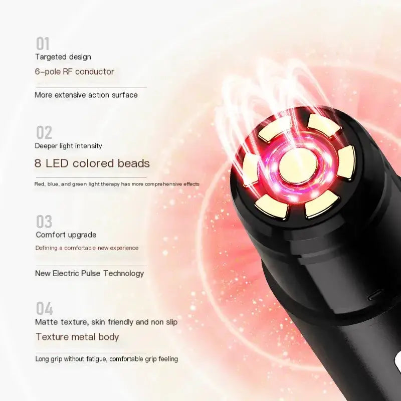 Black matte-finish metal device with a circular head featuring eight glowing led beads emitting red light.