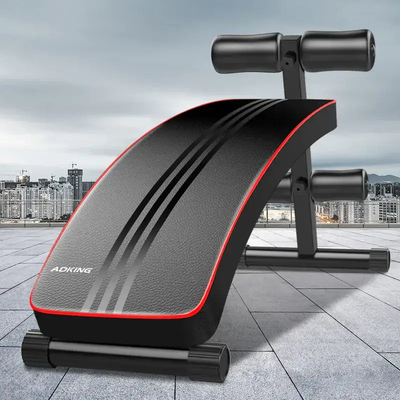 Black and red adjustable exercise bench with textured surface and branded logo.