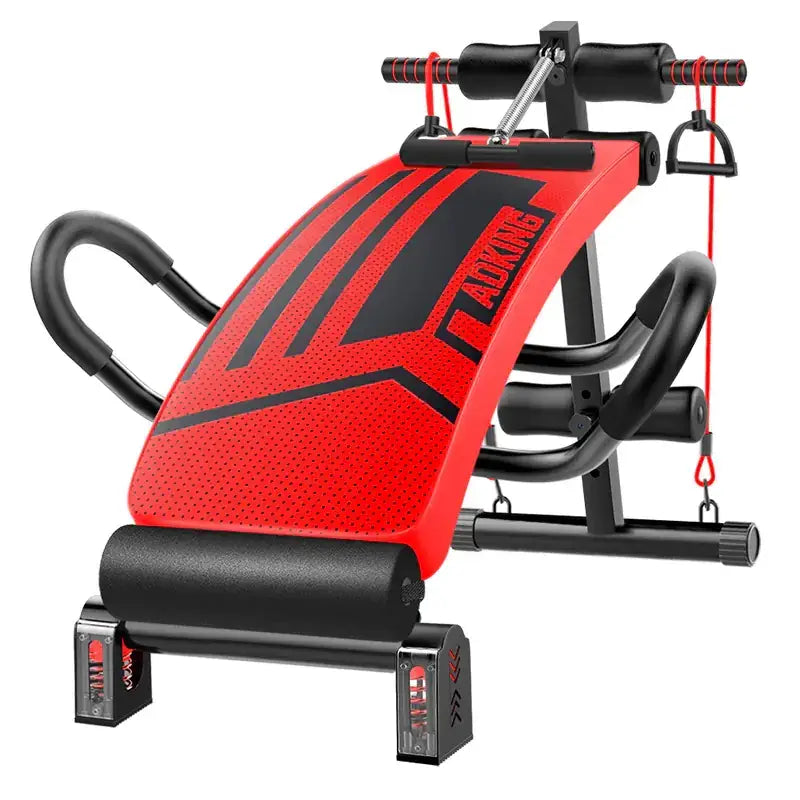Red and black adking abdominal exercise machine with perforated surface, adjustable resistance bands, and padded handles.