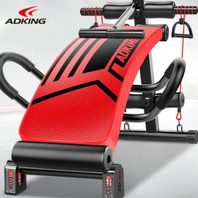 Red and black adking brand adjustable abdominal exercise machine with perforated surface and padded handles.