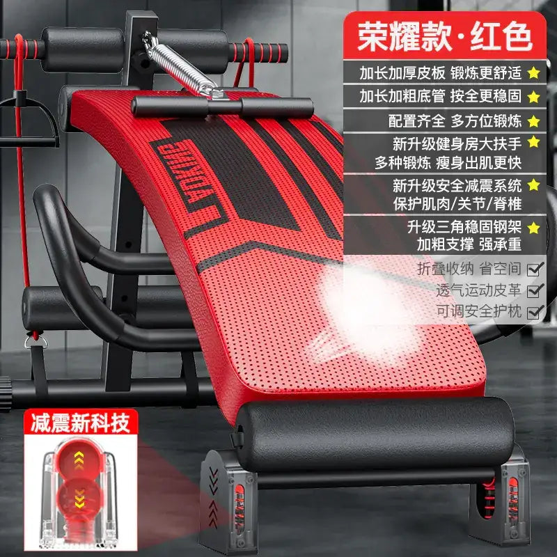 Red and black adjustable exercise bench with perforated breathable material, featuring a sturdy steel frame and padded safety guard.