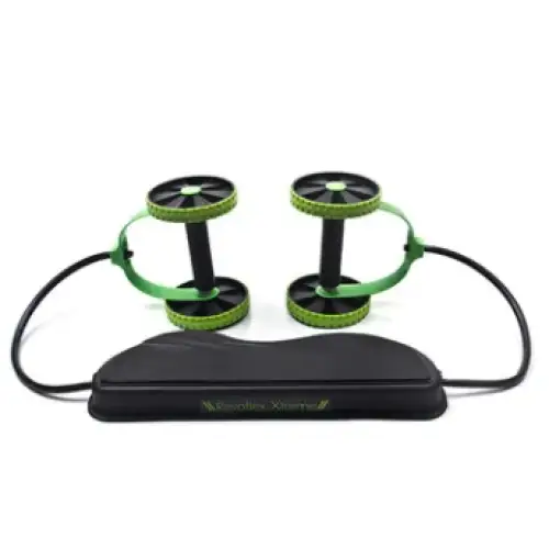 Green and black roller exercise device with a sleek, ergonomic design.