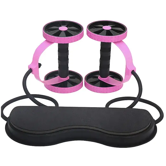 Pink and black rolling ab roller with a carrying strap and storage case.