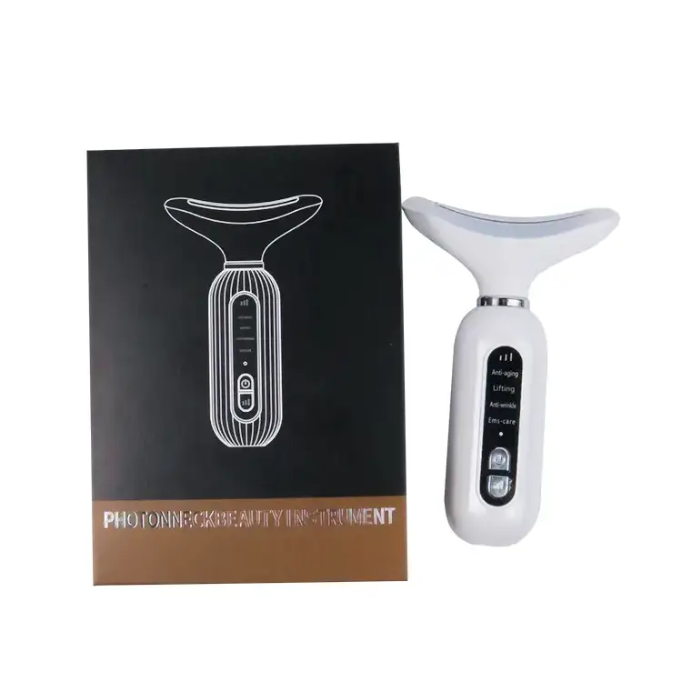 White plastic photoneck beauty instrument with a curved neck-shaped head and control panel displaying modes like anti-aging, lifting, and anti-wrinkle.