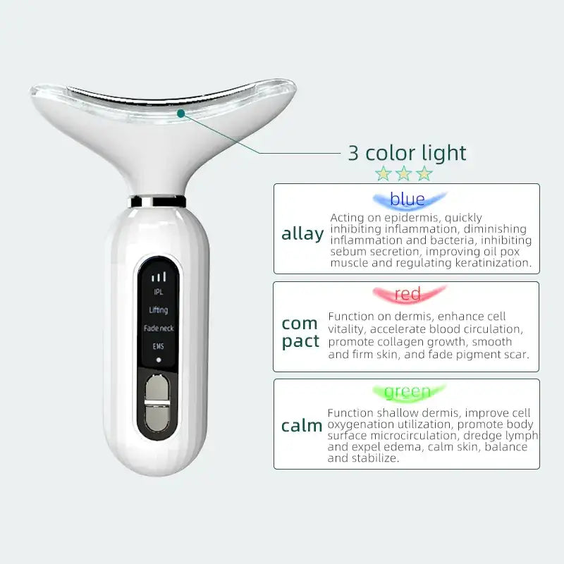 White plastic facial device with a curved, translucent head and control panel featuring three color light settings.