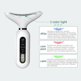 White plastic facial device with a curved, translucent head and control panel featuring three color light settings.