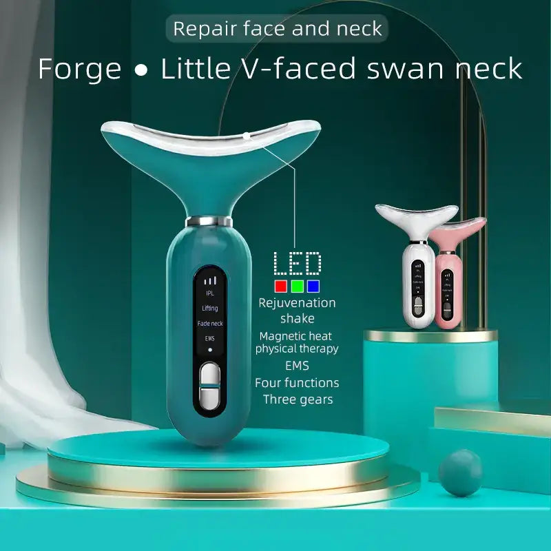 Teal and white forge little v-faced swan neck facial device with led lighting.