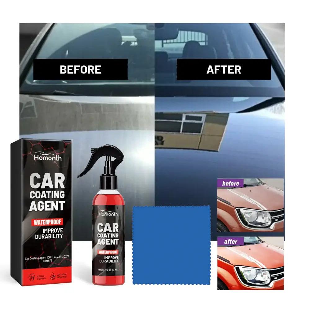 Red spray bottle of homonth car coating agent with black nozzle and label, displayed next to its packaging box.