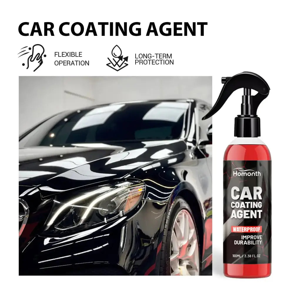 Red liquid car coating agent in a black spray bottle with the brand name ’homonth’ on its label.