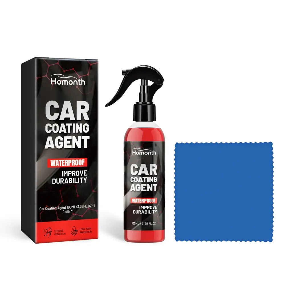 Red homonth car coating agent spray bottle with black trigger and label, accompanied by its packaging box and a blue microfiber cloth.