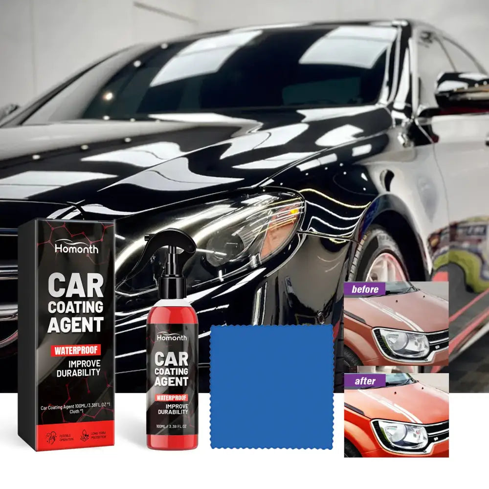 Red spray bottle of homonth car coating agent with black pump and label, displayed next to a blue microfiber cloth.