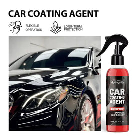 Red liquid car coating agent in a black spray bottle with the brand name ’homonth’ on its label.