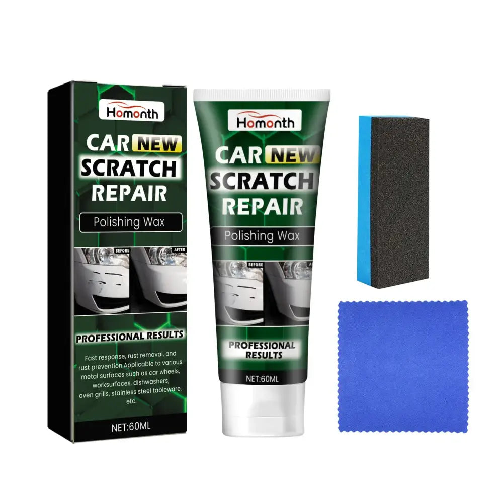 Homonth car new scratch repair polishing wax in a green and white tube, accompanied by a blue sponge and microfiber cloth.