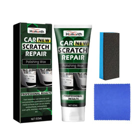 Homonth car new scratch repair polishing wax in a green and white tube, accompanied by a blue sponge and microfiber cloth.