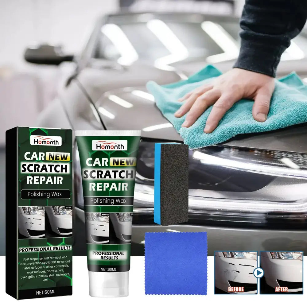 Homonth car new scratch repair polishing wax in a green and white tube, accompanied by a blue microfiber cloth and a black abrasive pad.