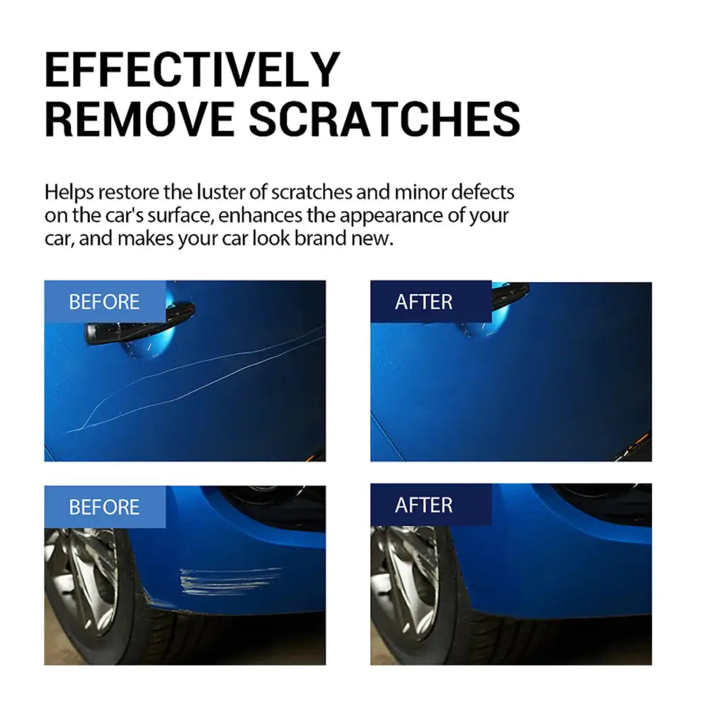 Blue car door and fender with visible scratches before treatment, appearing smooth and glossy after using the scratch removal product.