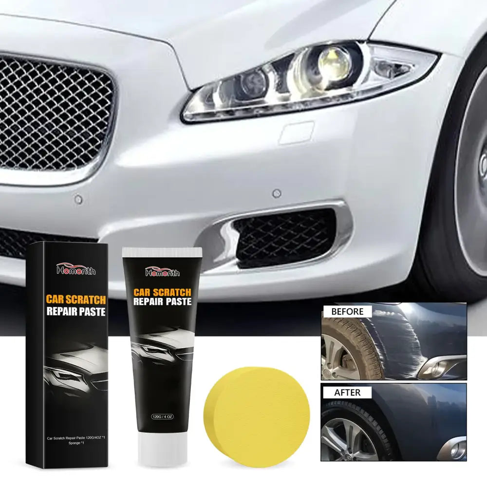 Black tube of hemonth car scratch repair paste with white cap and orange labeling, accompanied by a yellow circular applicator pad.