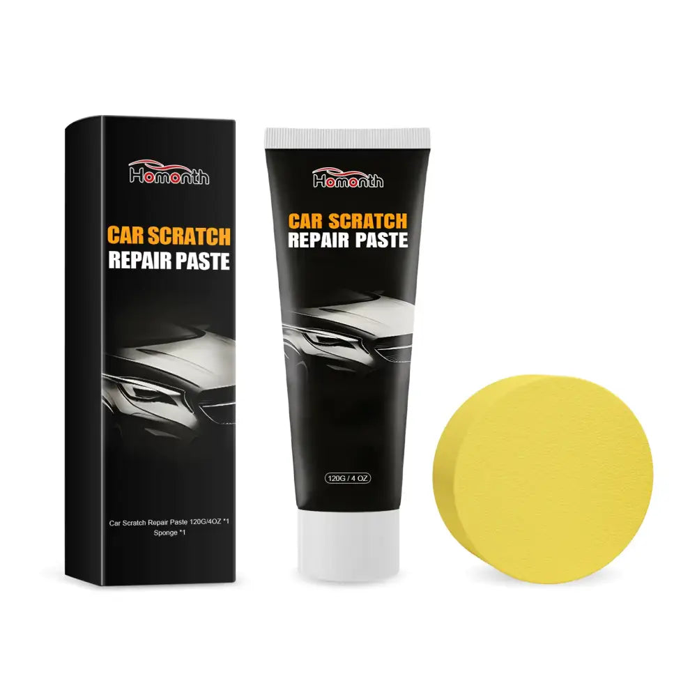 Black tube of hemonth car scratch repair paste with white cap and orange text, accompanied by a yellow circular sponge.