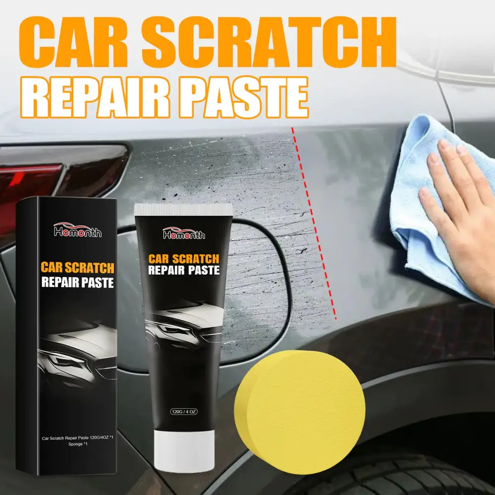 Black tube of homenth car scratch repair paste with white cap and orange text, displayed next to its black box packaging.