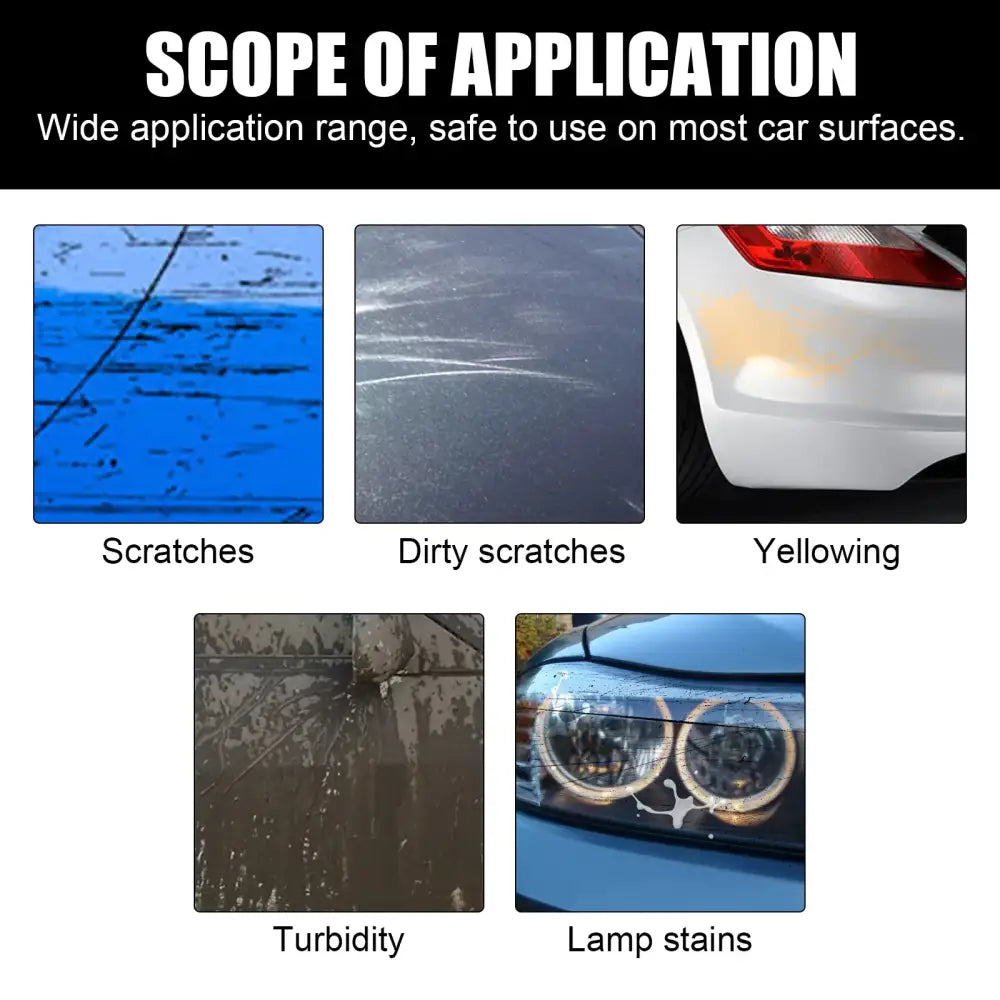 This car surface treatment product is designed to address scratches, dirty marks, yellowing, turbidity, and lamp stains on various automotive surfaces.