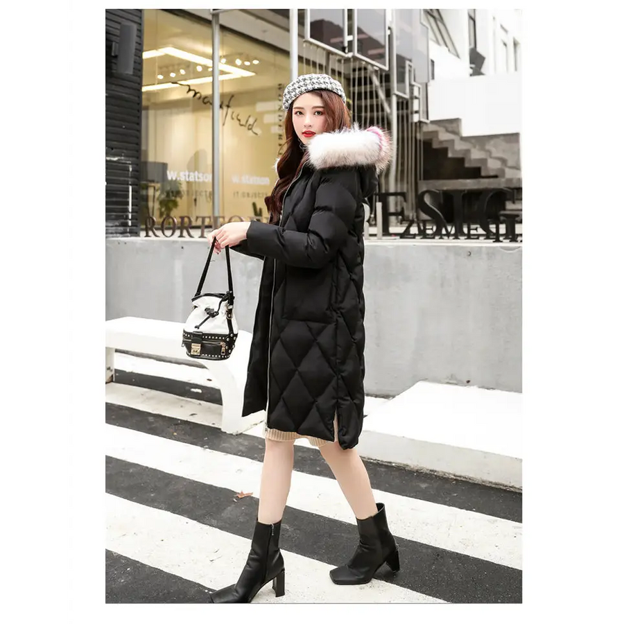 Hooded Mid-Length Cotton Coat with Fur Collar